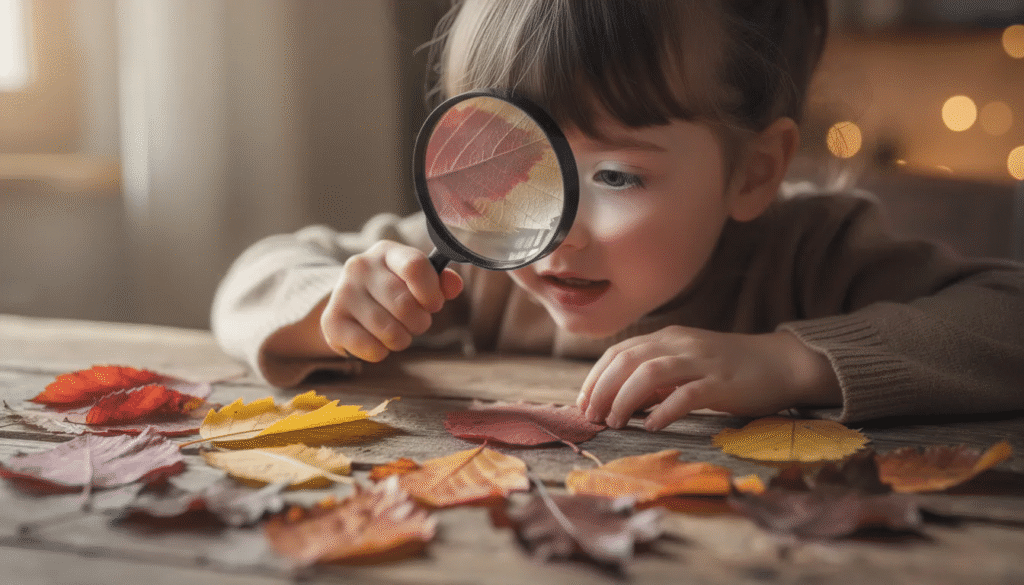 A young child is using a magnifying glass to examine a vibrant collection of autumn leaves spread out on a wooden table, engaging in hands-on learning activities that enhance their fine motor skills and critical thinking. This interactive moment captures the essence of exploration and creativity, essential for young learners in a fun and educational setting.