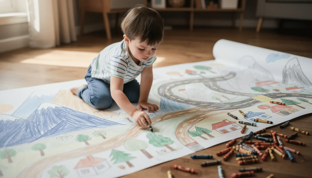 image A child is kneeling on large paper, joyfully drawing colorful roads and mountains with crayons, showcasing their creativity and fine motor skills. This imaginative play encourages self-expression and cognitive development through art activities.