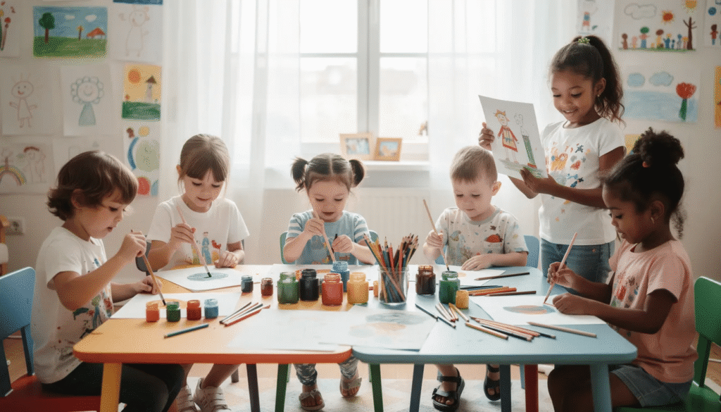 image A group of young children joyfully engages in painting and drawing at a vibrant art table, showcasing their artistic expression and creativity. This hands-on activity supports their cognitive development, fine motor skills, and emotional intelligence as they explore various artistic mediums.