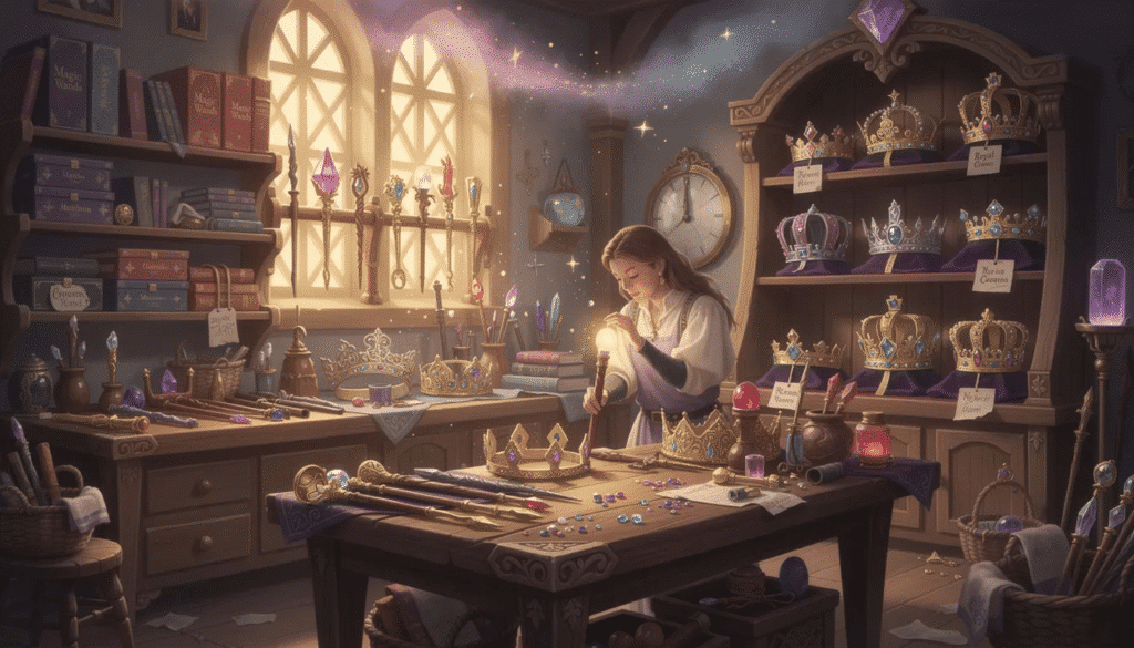 image The image depicts a vibrant workshop setting where preschoolers are engaged in crafting magic wands and crowns using construction paper, craft sticks, and colorful materials. This creative environment encourages imaginative play and helps children develop fine motor skills while expressing their creativity through fun art projects.