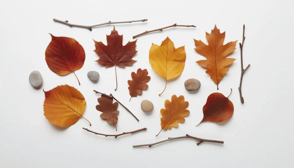 image A collection of vibrant autumn leaves, twigs, and small stones is artistically arranged on a white background, showcasing different textures and colors. This image can inspire preschool crafts and imaginative play, encouraging children's creativity and fine motor skills through art activities.