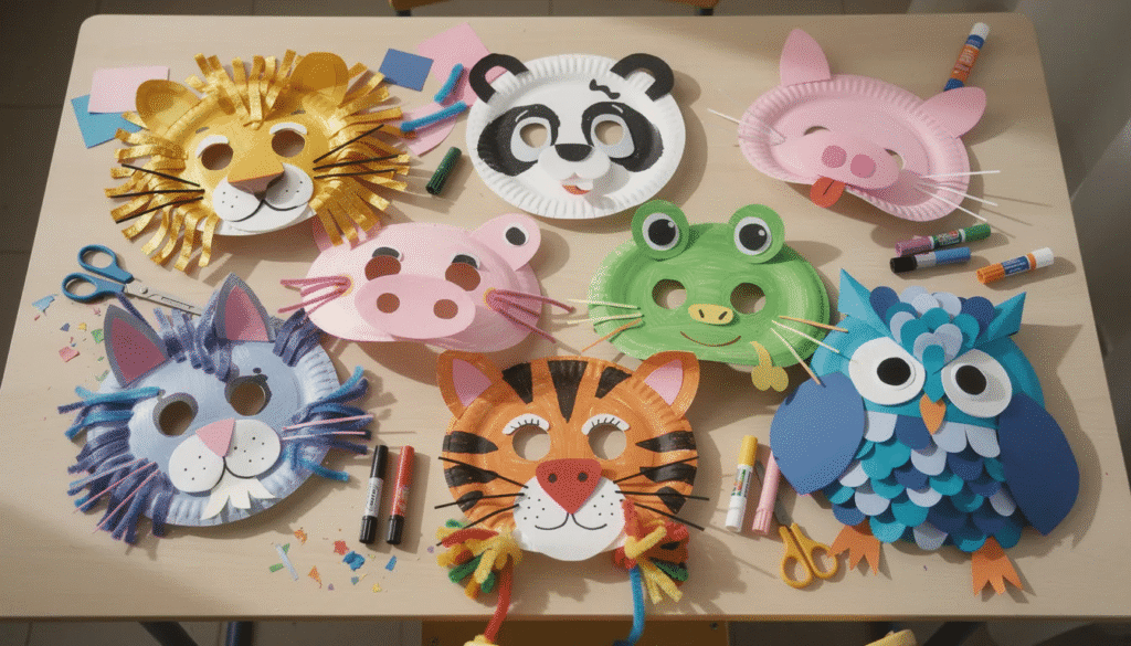 image A vibrant display of colorful paper plate masks, each uniquely decorated to resemble various animals, is arranged on a table, showcasing imaginative play and creativity. This fun craft activity encourages preschoolers to express their artistic talents while developing fine motor skills and problem-solving abilities using simple materials.