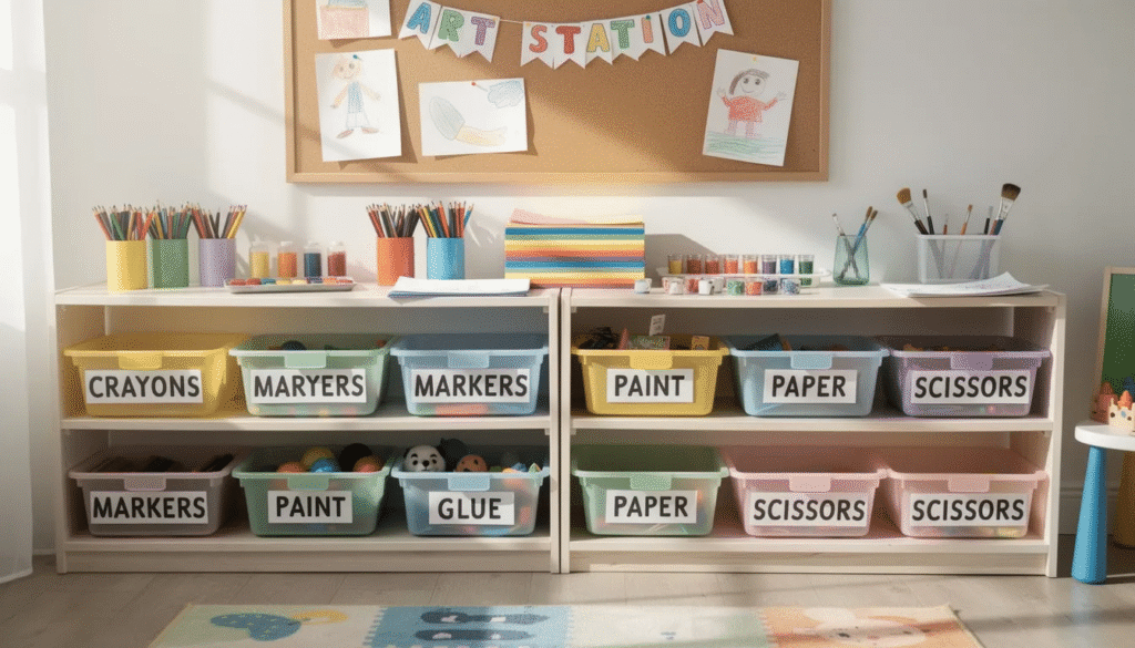 image The image shows a well-organized children's art corner featuring low shelves filled with colorful supplies like construction paper, washable paints, and craft sticks, all neatly labeled for easy access. This inviting space encourages kids to explore their creativity through various art activities, fostering fine motor skills and imaginative play.