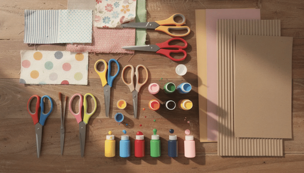 A vibrant assortment of craft supplies is displayed on a wooden table, featuring colorful scissors, various paint bottles, fabric scraps, and pieces of construction paper, ideal for budget-friendly craft ideas and creative projects. This lively arrangement inspires fun and creativity, perfect for older kids and families looking to create memorable art together.