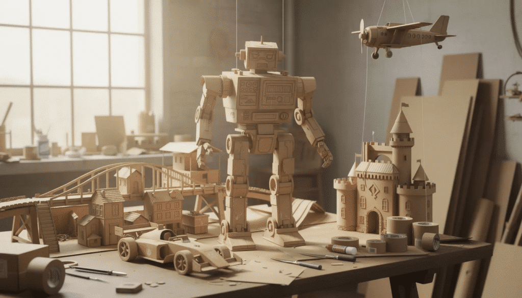 A vibrant assortment of craft supplies is displayed on a wooden table, featuring colorful scissors, various paint bottles, fabric scraps, and pieces of construction paper, ideal for budget-friendly craft ideas and creative projects. This lively arrangement inspires fun and creativity, perfect for older kids and families looking to create memorable art together.