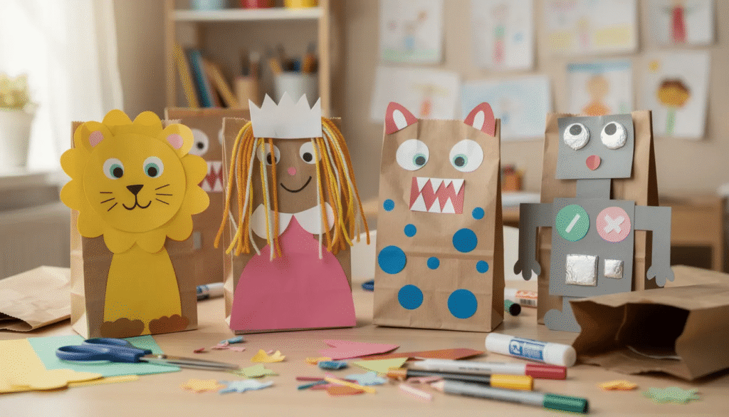 The image features colorful paper bag puppets made from construction paper and decorated with various craft supplies like cotton balls and pipe cleaners. These budget-friendly craft ideas showcase simple materials that encourage creativity and fun for older kids and families.