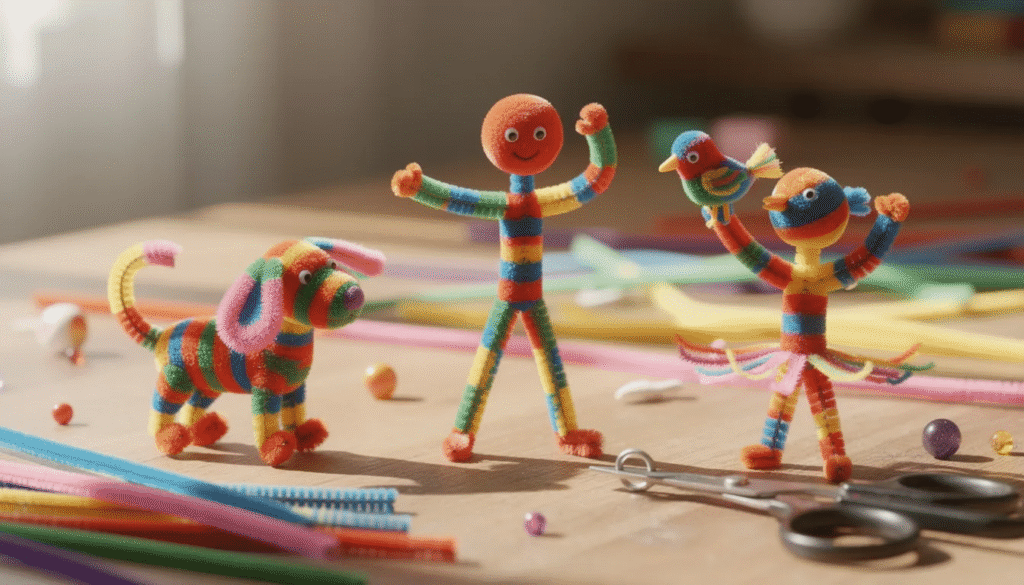 The image features colorful pipe cleaner characters creatively arranged on a table, surrounded by simple materials like construction paper and cotton balls. This fun craft project showcases budget-friendly ideas that inspire creativity and encourage older kids to engage in crafting with supplies easily found at a dollar store or thrift shop.