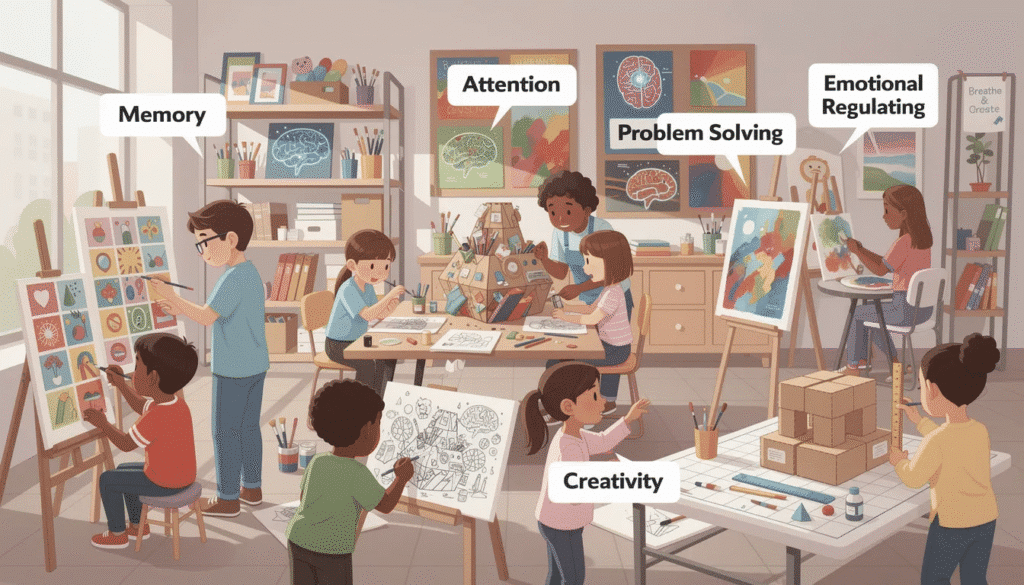 image The image illustrates young children engaged in various artistic activities, such as painting and drawing, which are vital for their cognitive development. These activities not only enhance fine motor skills and critical thinking but also foster emotional intelligence and creative expression, contributing to their overall growth and development.