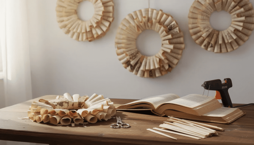 The image features a beautifully crafted wreath made from the pages of damaged novels, showcasing a creative use of recycled materials. This budget-friendly craft project highlights the charm of repurposing old books and is perfect for inspiring older kids and families to engage in fun, artistic activities.