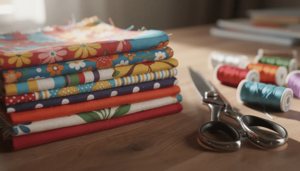 A colorful stack of folded fabric scraps is arranged neatly on a table, accompanied by a pair of scissors and spools of thread, perfect for budget-friendly craft ideas. This setup inspires creativity and showcases simple materials ideal for fun craft projects.