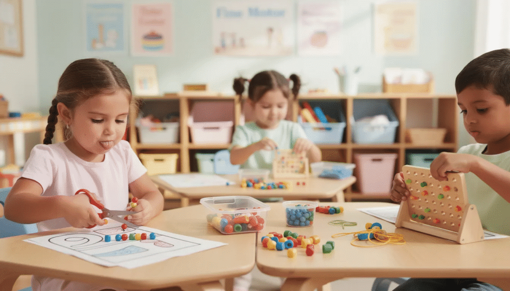 The image depicts various fine motor activities designed to enhance children's fine motor skills, including sorting colorful beads, threading laces, and manipulating play dough. These engaging tasks promote fine motor development and foster hand and finger strength through playful interaction.