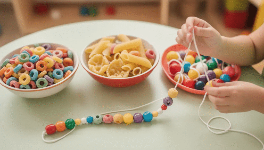 An image depicting a child engaged in stringing colorful cereal, pasta, and large beads on a string, showcasing fine motor activities that enhance fine motor skills and hand-eye coordination. This fun and interactive task promotes fine motor development and strengthens finger control through precise movements.