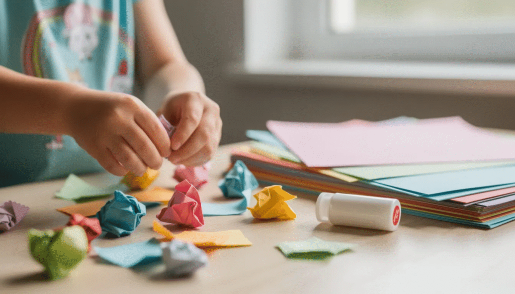 A child's hands are crumpling colorful pieces of paper next to a glue stick and construction paper, engaging in fun fine motor activities that foster fine motor skills development. This playful scene highlights the importance of fine motor control and hand strength as the child participates in a creative project.