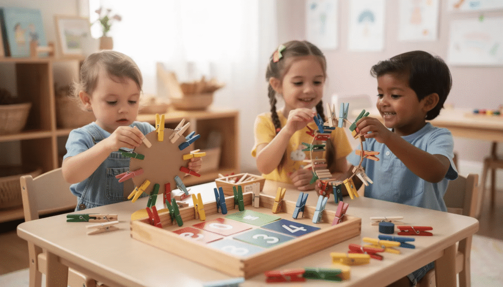 The image showcases a child engaged in a fun fine motor activity using colorful clothespins to attach them to a cardboard surface, promoting fine motor skill development. This hands-on play not only fosters fine motor efficiency but also enhances finger strength and coordination as the child practices precise finger placement.