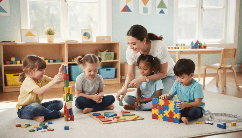 image The image depicts young children engaged in various artistic activities that promote spatial reasoning and early mathematical thinking. These creative endeavors enhance their cognitive development, fine motor skills, and critical thinking, fostering holistic growth in early childhood.