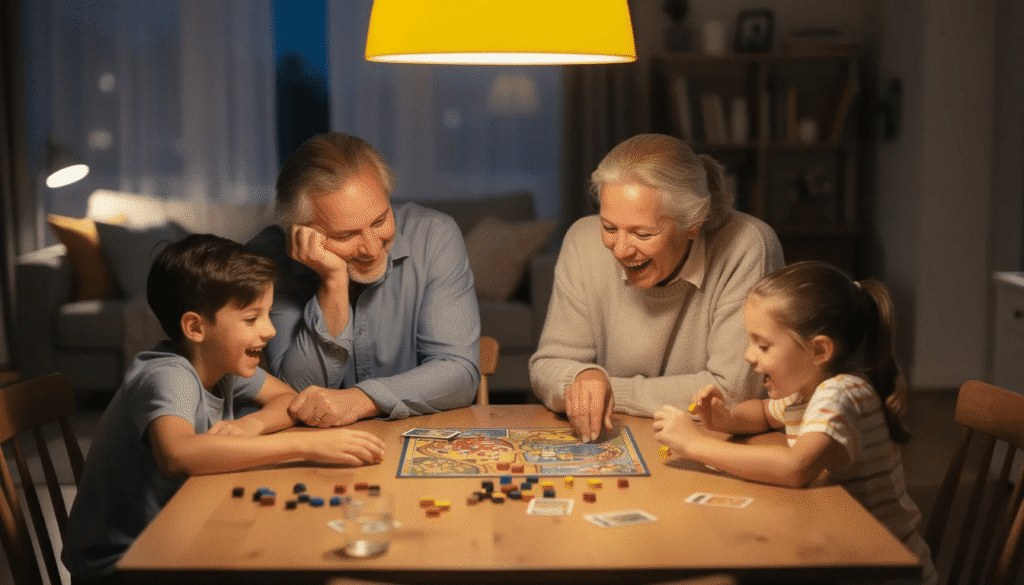 A family is gathered around a table, engaged in a lively board game that encourages fun fine motor activities. The scene captures their smiles and interactions, highlighting the importance of fine motor skill development through shared play.