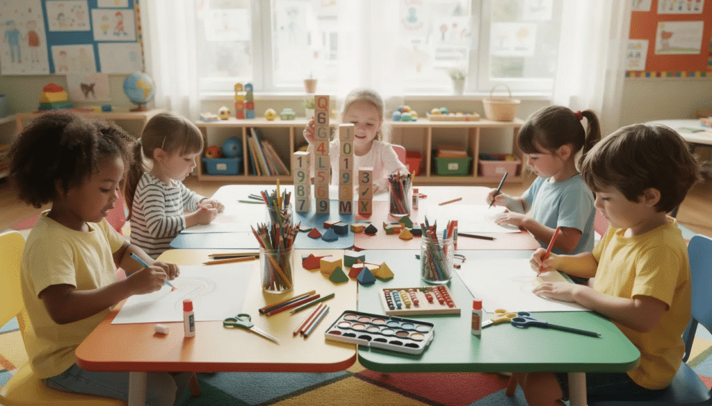A group of young learners sits at a vibrant table, engaged in hands-on activities using blocks and various art supplies like colored pencils and construction paper. The children are actively practicing their fine motor skills and creativity as they draw pictures and build structures together.