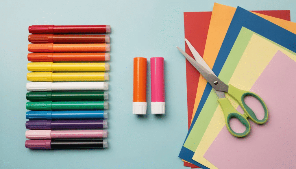 A bright table is adorned with various art supplies, including colorful markers, scissors, glue sticks, and sheets of construction paper, inviting young learners to create and practice their fine motor skills. This organized setup encourages children to draw pictures and engage in creative play, making it a perfect space for learning fun during the school year.