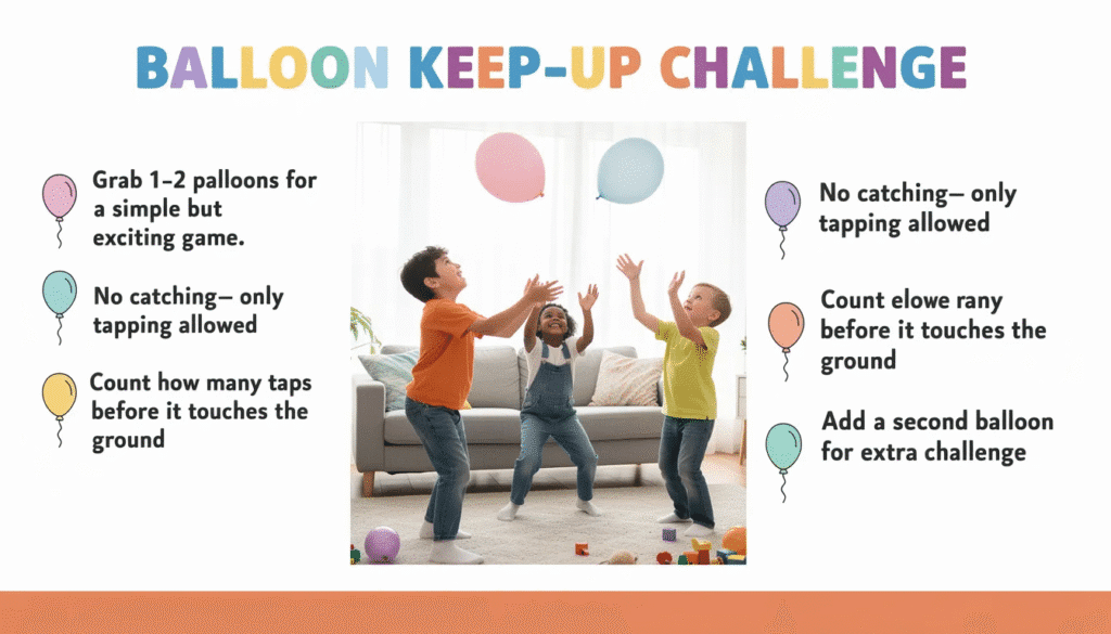 A group of young kids is engaged in the Balloon Keep-Up Challenge, where they excitedly tap colorful balloons using only their elbows and knees, showcasing their fine motor skills and spatial awareness. The playful atmosphere encourages teamwork and creativity as they count their taps before the balloons touch the ground.