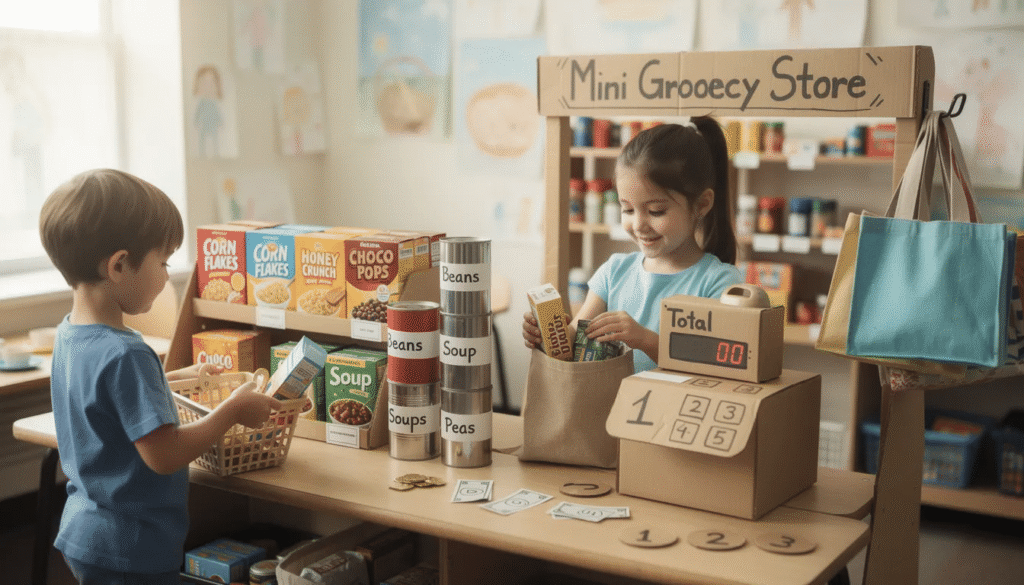 The image depicts a mini grocery store set up with empty cereal boxes and clean cans arranged on a table, where young children engage in pretend play. One child is shopping and gathering items while another acts as the cashier, practicing fine motor skills and critical thinking as they count play money and switch roles after each transaction.