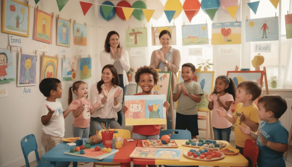 The image depicts a vibrant preschool art show featuring colorful abstract artworks created by young artists. Various art techniques are showcased on black canvases, with children proudly displaying their creations made from new materials like yellow paint, glue, and cardboard, celebrating their creativity and exploration.