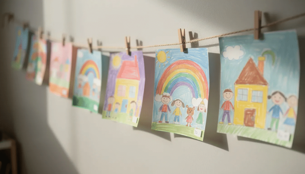 Colorful children's paintings, showcasing their creativity and artistic expression, are displayed on a wall using wooden clothespins and twine, creating a vibrant preschool art show atmosphere. The artwork features various techniques and bright colors, reflecting the joy and exploration of young artists.