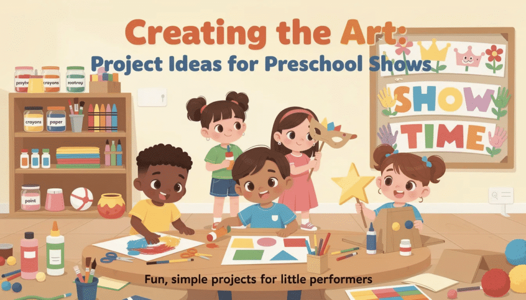 The image showcases a vibrant art show for preschoolers, featuring young artists engaged in various process art activities. Colorful artwork made with yellow paint, blue hues, and cardboard is displayed on a black canvas, highlighting the creativity and inspiration of children as they explore different art techniques.