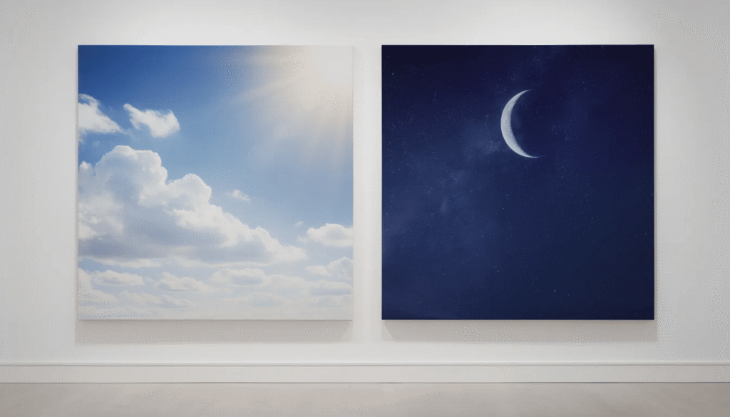 The image features two canvases representing day and night, showcasing vibrant yellow paint and deep blue hues, created by young artists during a preschool art show. The artwork highlights the use of process art techniques, encouraging children's creativity and exploration of colors and materials.