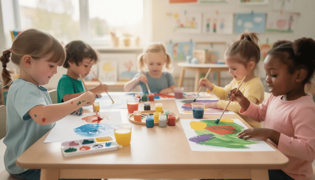 A group of preschool children are gathered around a table, joyfully painting on sheets of paper with vibrant colors like yellow and blue. This engaging process art activity allows young artists to explore their creativity and create unique artwork together.