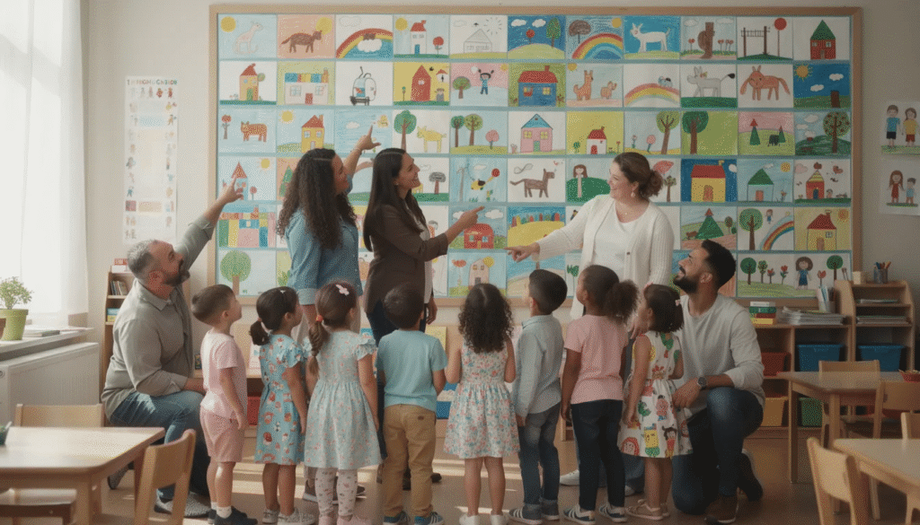 A group of parents and young children admire vibrant preschool art displayed on a classroom wall, showcasing various art techniques and the creativity of young artists. The colorful pieces reflect the joy of process art activities, inviting families to explore and celebrate their children's artistic expressions.