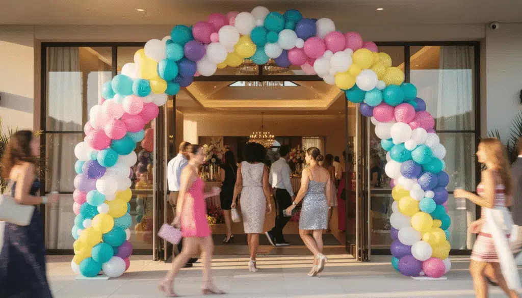 image A vibrant and colorful balloon arch, resembling a beautiful balloon garland, frames the entrance of an event where guests are joyfully walking through. This festive balloon decor adds a fun and lively atmosphere, perfect for any party celebration.