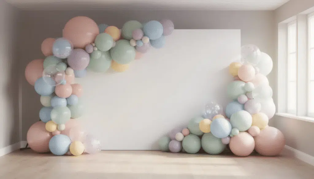 image A beautifully arranged organic balloon garland in pastel colors is draped across a party room wall, adding a fun and festive touch to the event decor. This DIY balloon garland features clusters of balloons that create an inviting atmosphere for celebration.