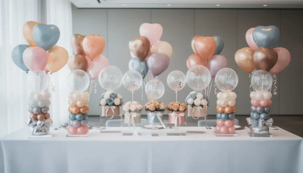 image The image features a variety of colorful balloon arrangements, including helium bouquets secured with decorative weights, low air-filled designs on acrylic stands, and charming mini balloon towers. Additionally, there are stylish hat boxes filled with foam flowers, each topped with personalized bubble balloons, showcasing a fun and creative approach to balloon decor for events and parties.