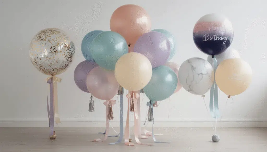 image The image showcases a vibrant display of jumbo balloons, ranging from 24” to 36”, arranged in a beautiful balloon garland perfect for a festive party or event. This colorful balloon decor features clusters of various shapes and sizes, ready to add fun and life to any celebration.