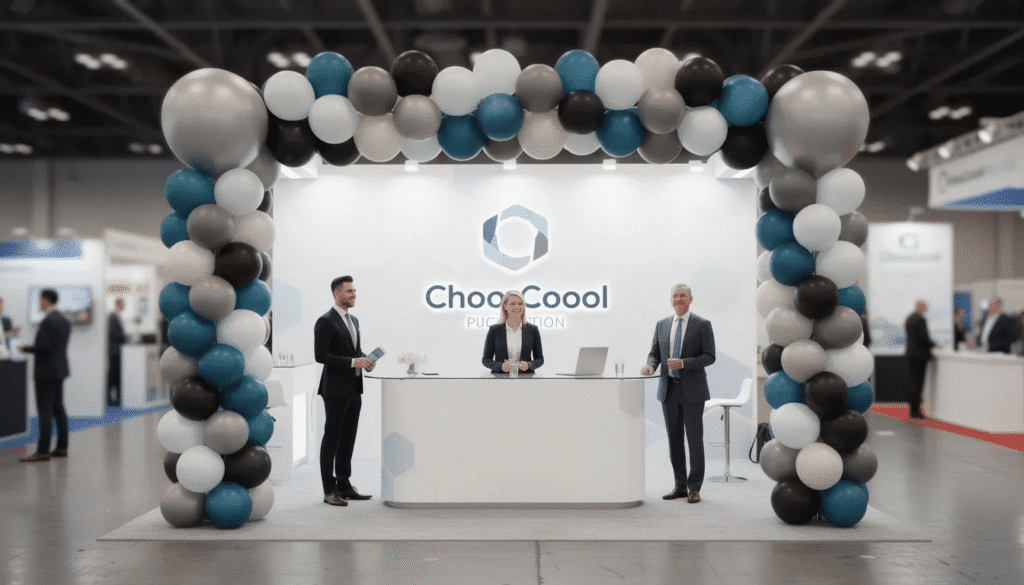 The image showcases a professional balloon setup at a corporate trade show booth, featuring a beautiful balloon garland in branded colors that enhances the event's atmosphere. The arrangement includes clusters of balloons, creating a fun and inviting backdrop for visitors.