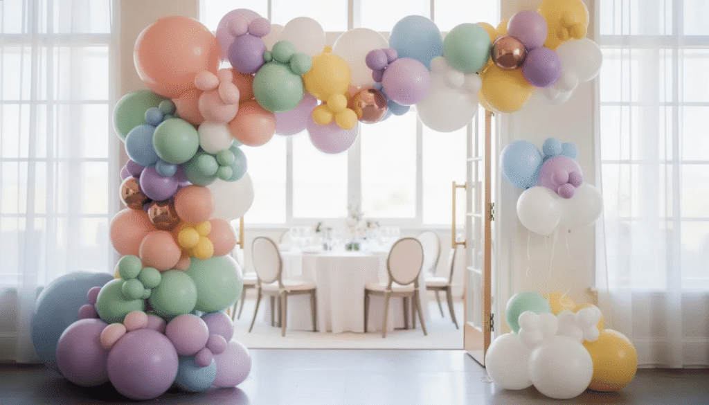 A vibrant balloon garland arrangement in pastel tones features an assortment of latex balloons in various sizes, creating a stunning decoration for a celebration venue. This eye-catching display adds a festive touch to the party, perfect for elevating the atmosphere of any special day.