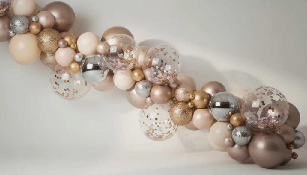 An elegant balloon arrangement features a mix of matte chrome and confetti-filled latex balloons, showcasing various textures and colors. This stunning balloon decor is perfect for elevating the atmosphere at any celebration or birthday party, creating a visually appealing centerpiece.