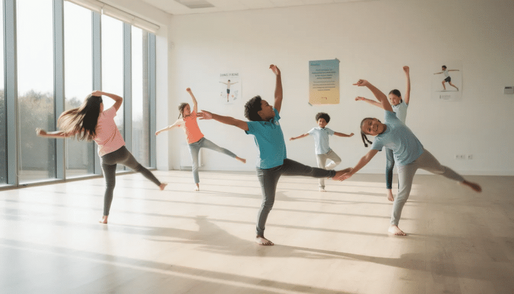 image A group of children is joyfully engaged in creative dance movements within a bright, open space, showcasing their self-expression and gross motor skills. This artistic activity not only fosters emotional growth and critical thinking but also contributes to their overall cognitive development and early childhood development.