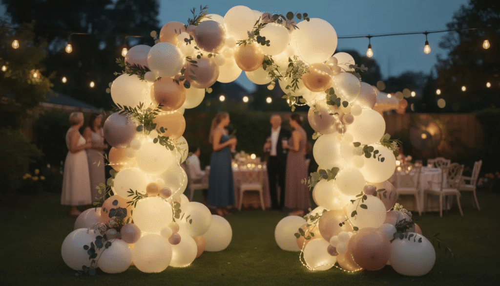 A stunning balloon arch made of vibrant latex balloons is elegantly adorned with twinkling fairy lights and lush greenery, creating a magical atmosphere for an evening outdoor party. This beautiful balloon decor serves as a perfect backdrop for celebrations, enhancing the overall ambiance for guests to enjoy.