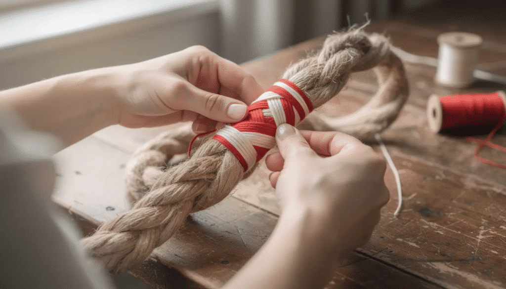 Two hands are skillfully wrapping red and cream thread around a piece of cotton rope on a wooden table, showcasing a DIY craft project for creating homemade candy cane ornaments. The scene captures the essence of creativity and family fun, perfect for making Christmas tree decorations.