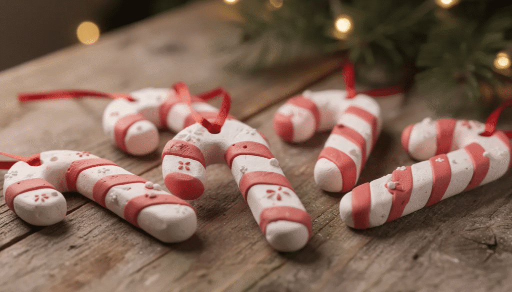 The image features colorful homemade candy cane ornaments crafted from peppermint-scented clay, ready to hang on a Christmas tree. These DIY Christmas ornaments showcase a fun and creative project that families can enjoy together, combining red and white colors to resemble traditional candy canes.