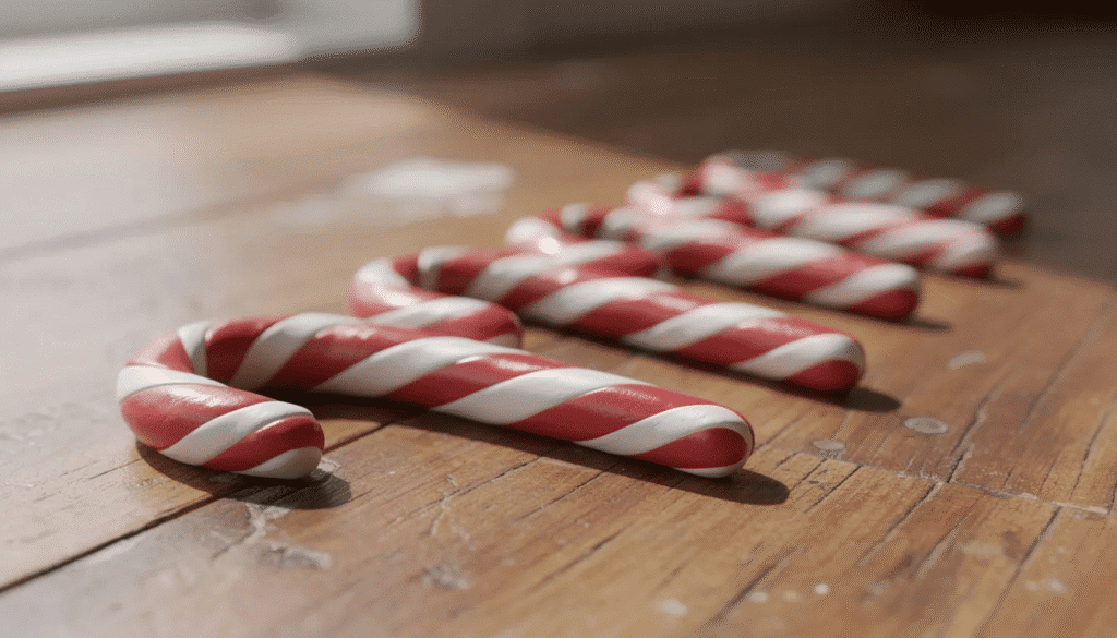 A collection of homemade candy cane ornaments, shaped like traditional candy canes with vibrant red and white stripes, is arranged neatly on a rustic wooden surface, showcasing the fun and creativity of DIY Christmas ornaments. These clay ornaments are perfect for hanging on a Christmas tree, adding a festive touch to holiday decorations.