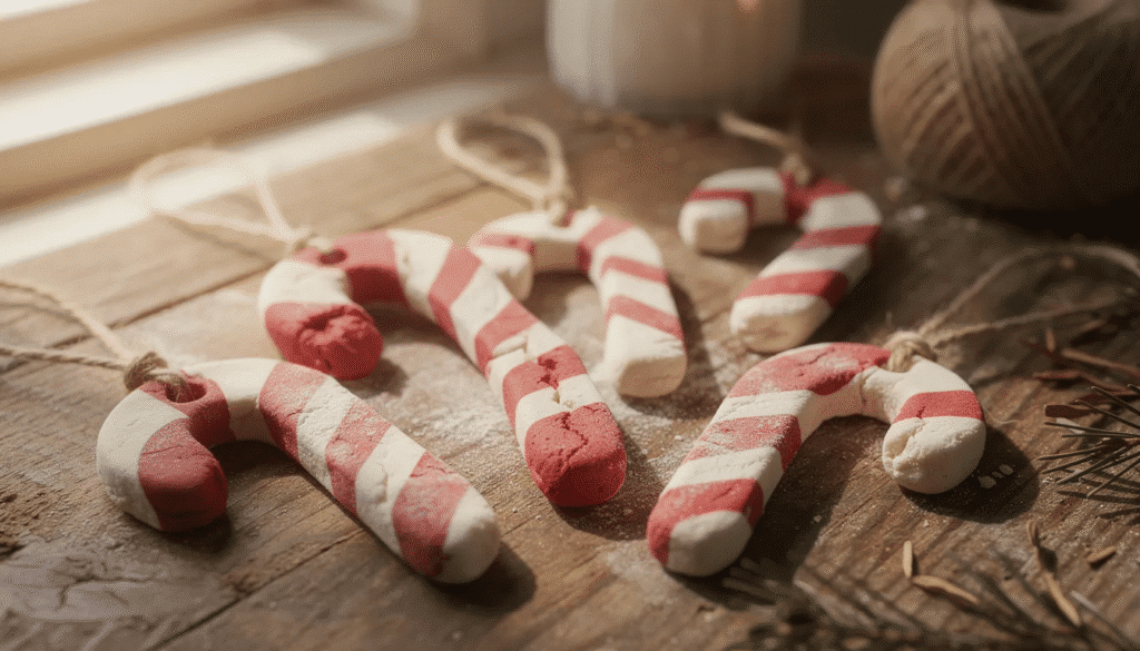 The image features a collection of old-fashioned salt dough candy cane ornaments, beautifully decorated in red and white, hanging on a Christmas tree. These DIY Christmas ornaments showcase creativity and fun, perfect for family and kids to enjoy during the holiday season.