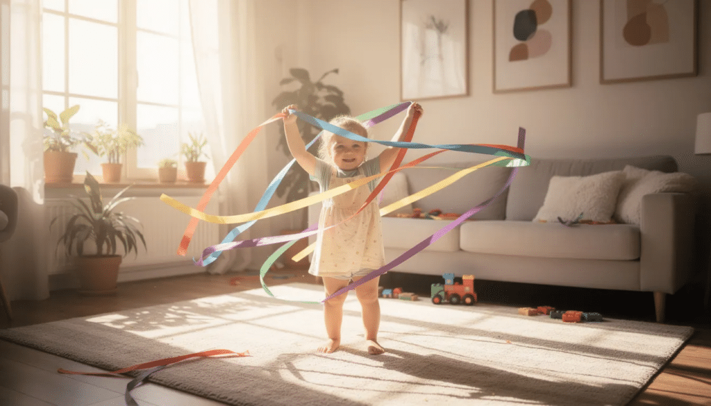 A joyful toddler is dancing in a sunny living room, twirling colorful ribbons while enjoying a playful dance party. The vibrant environment encourages gross motor skills and unstructured play, making it a fun activity for kids to express themselves.