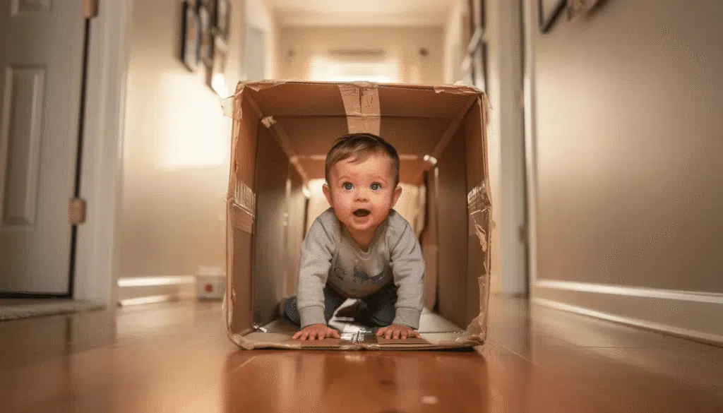 image A young child is happily crawling through a cardboard box tunnel in a hallway, engaging in an indoor obstacle course that promotes gross motor skills and fun activities for toddlers. The playful environment encourages unstructured play and helps develop fine motor skills as the child navigates this simple obstacle.