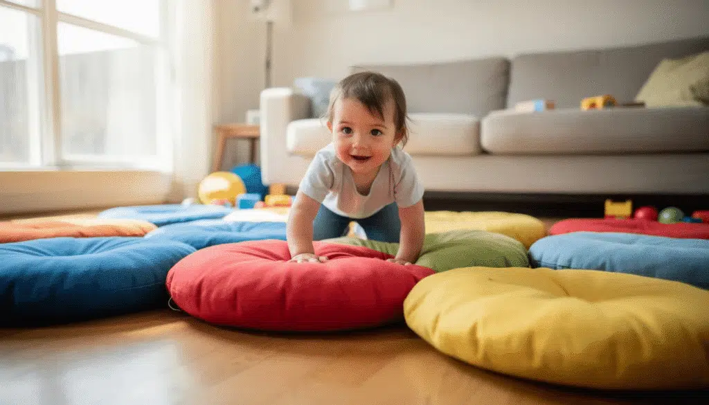 image A toddler is crawling across a colorful array of cushions scattered on a living room floor, engaging in fun activities that promote gross motor skills. The soft objects provide a safe environment for unstructured play, encouraging the child to explore and move actively indoors.