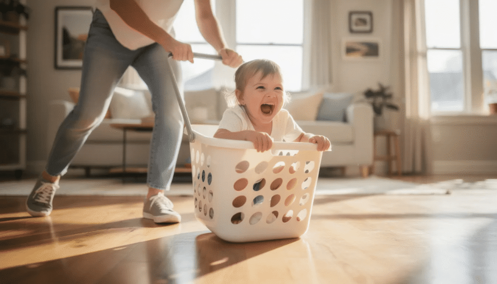 A child is seated in a laundry basket being pulled across a smooth floor, enjoying a fun game that promotes core stability and gross motor skills. This playful activity creates a safe environment for kids to stay active and have so much fun indoors.