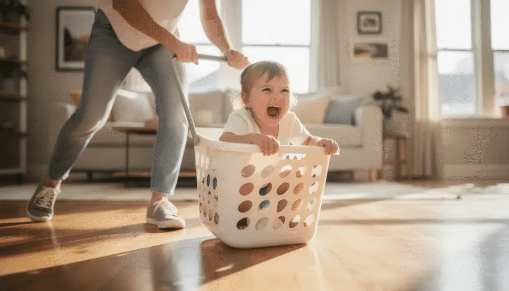 image A child is seated in a laundry basket being pulled across a smooth floor, enjoying a fun game that promotes core stability and gross motor skills. This playful activity creates a safe environment for kids to stay active and have so much fun indoors.