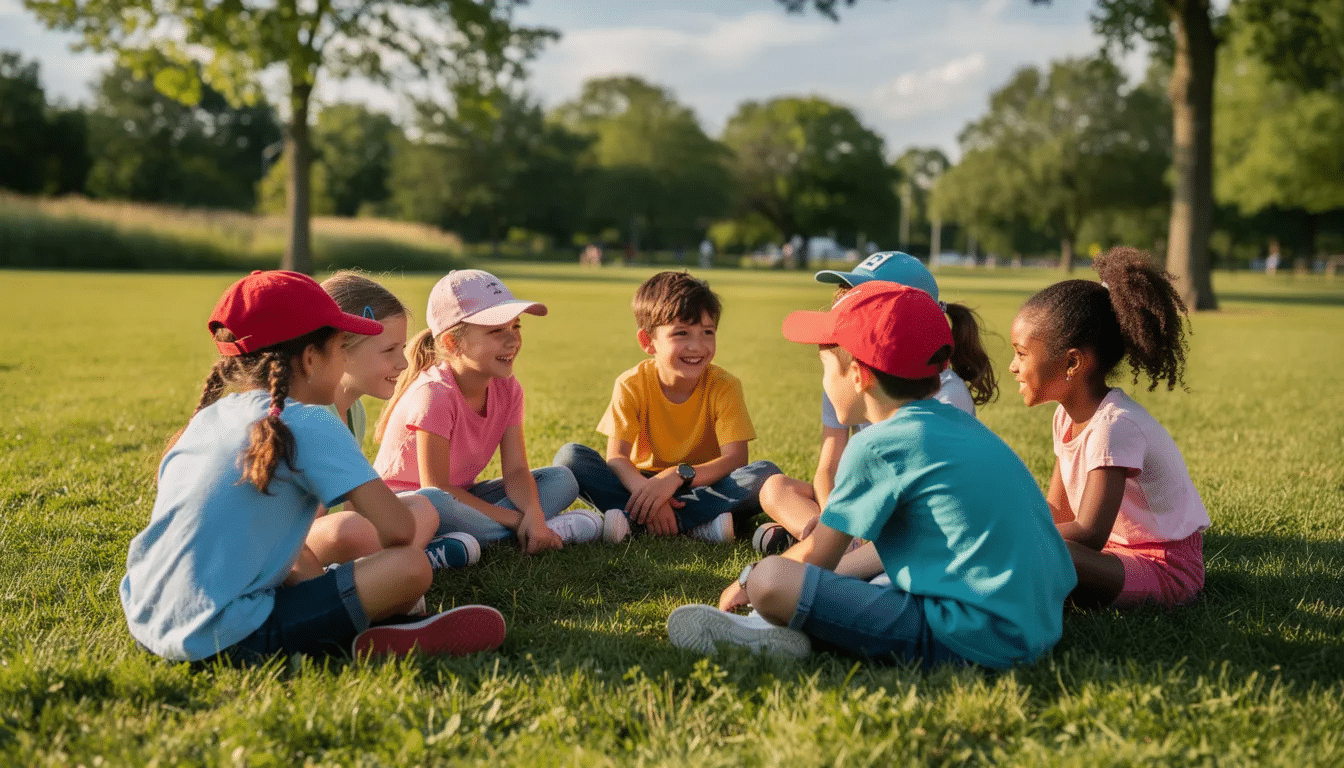 A group of children is sitting together in a small circle on green grass outdoors, engaging in a fun game that encourages social interaction and play. They are focused on the game leader, who is explaining the rules while the whole group holds hands, ready to begin their circle time activity.