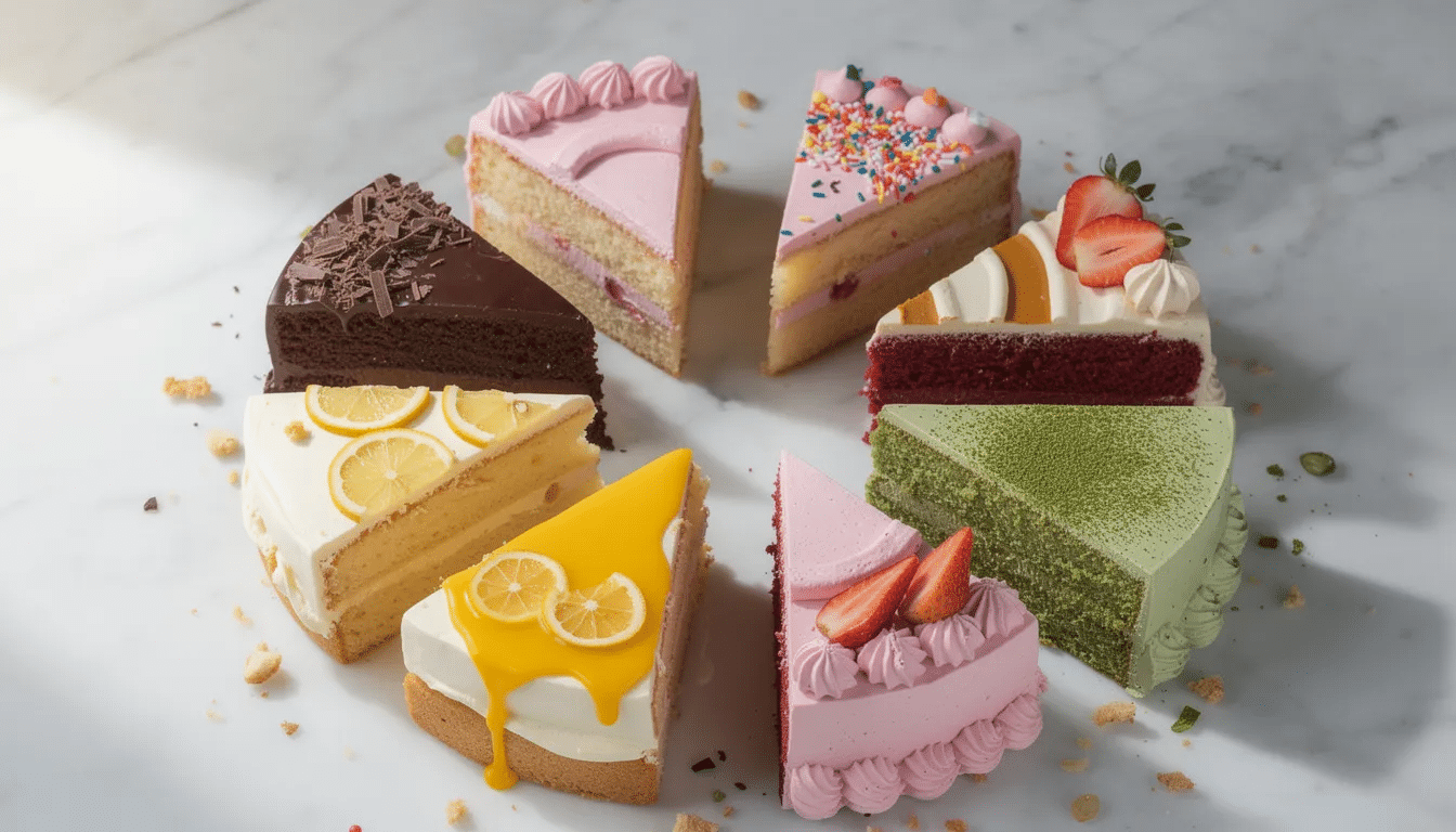 04626df2-b337-4e8b-9e96-472c3cd802bf An assortment of colorful cake slices is beautifully arranged on a marble surface, showcasing a variety of flavors and frostings, perfect for a birthday cake celebration. This vibrant display highlights the craft of custom cakes available at a bakery in Denver, offering options for everyone, including vegan and oat milk varieties.